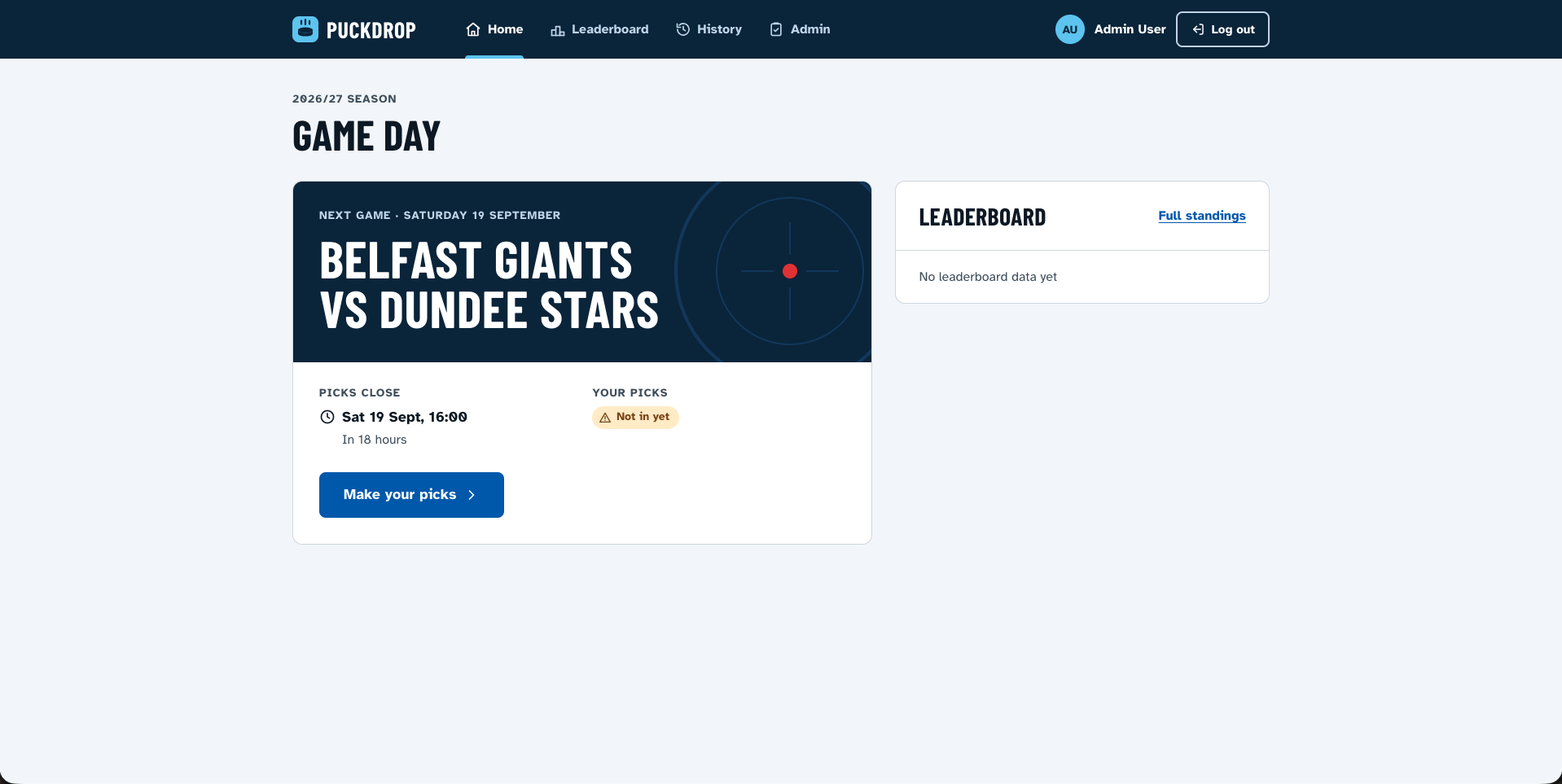PuckDrop home page with the next game card