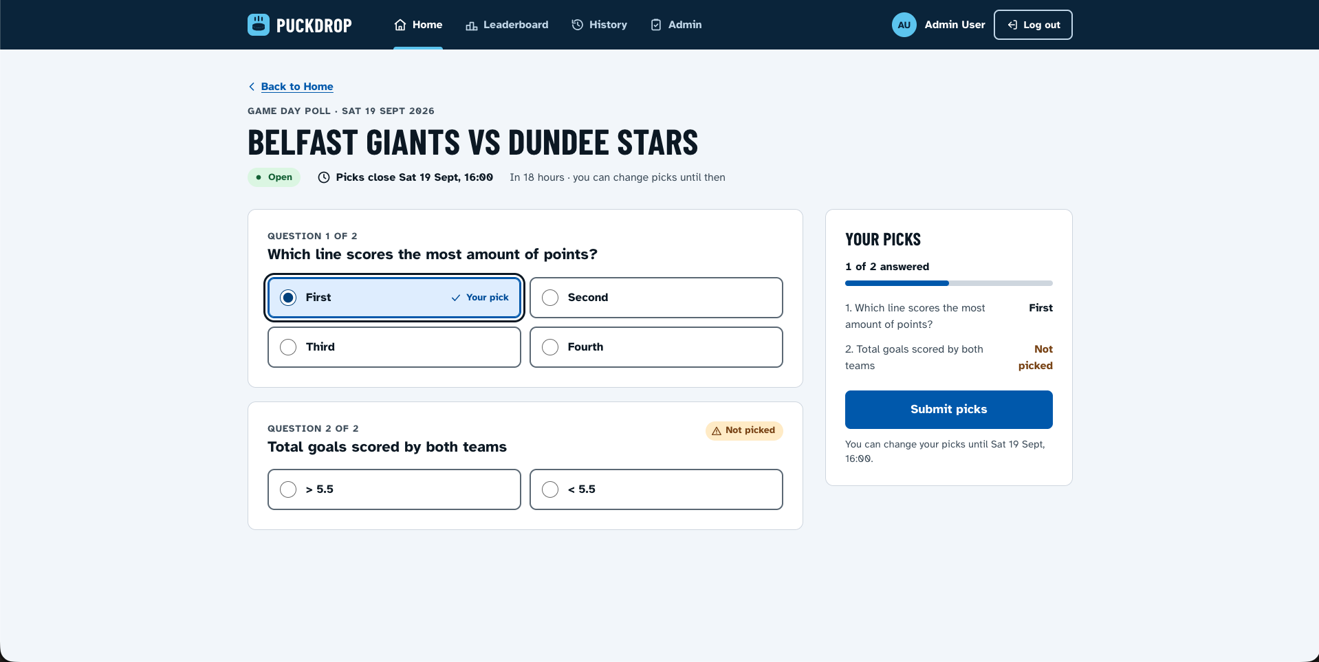 Submitting picks for a game day poll